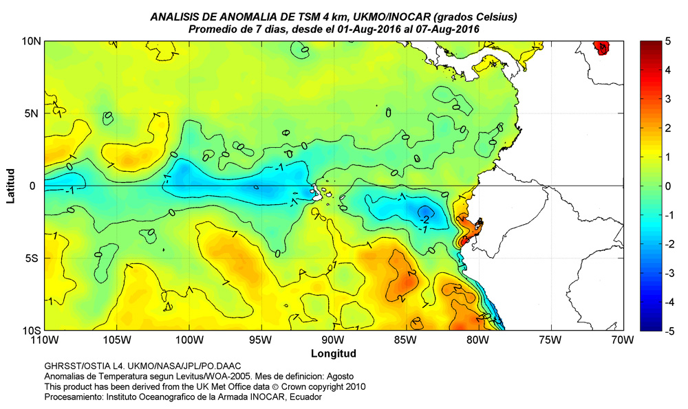 Fig. 4. Anomalía termicas (°C) en la costa y Galápagos. http://www.inocar.mil.ec/img/TSM/ATSM/ATSM_20160801_20160807.jpg